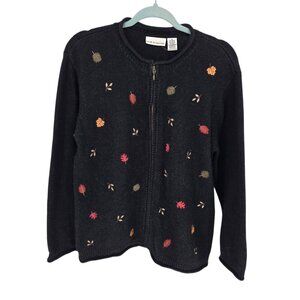Croft and barrow womens size medium black leaf embroidered full zip sweater